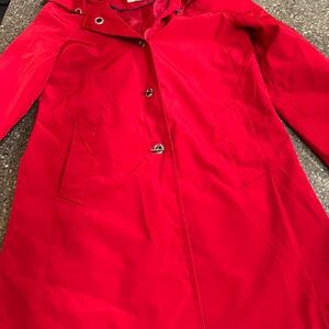 London Fog Women's Red Hooded Trench Coat Button Up Size S Rain Coastal Bold EUC